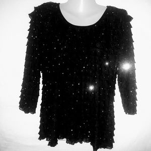 Black Silver Sequin Glitter 3/4 Sleeve Top Size M